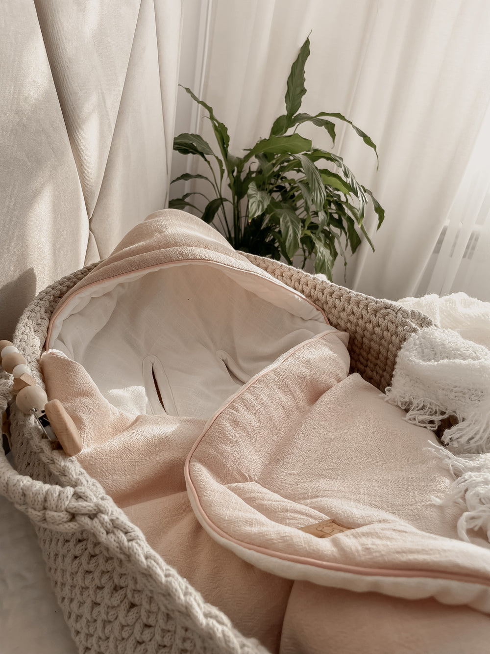 Lniany Kocyk do fotelika - White/Sepia rose