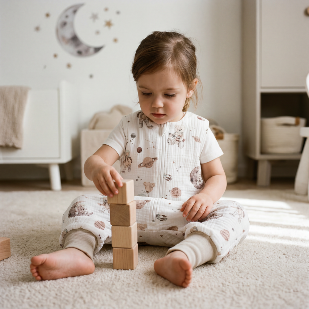 0,5 TOG Muślinowy śpiworek z nogawkami - Space teddy WHITE