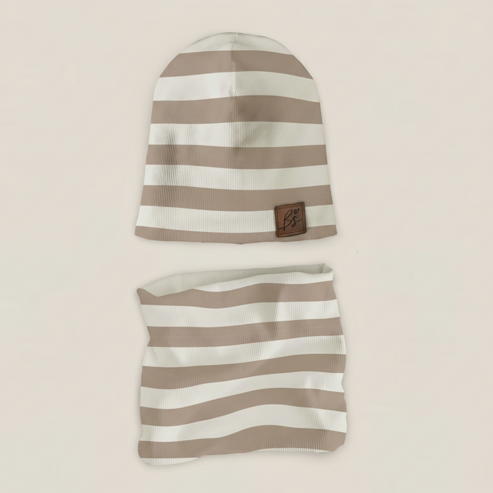 Komplet prążkowany czapka i komin - Stripes beige